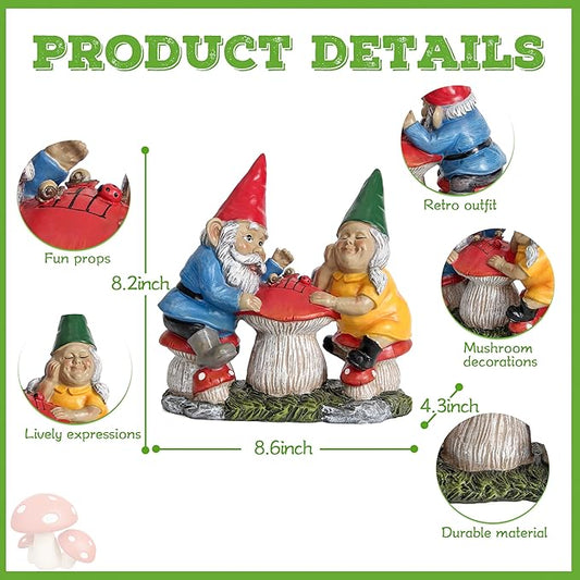 Wiresusan Garden Gnome Statue for Outdoor Decoration, Couple Gnome Figurine on Mushroom for Outside, Garden Mr and Mrs Gnome Playing Chess Sculptures for Yard Lawn Patio Decor, Love Gifts for Women