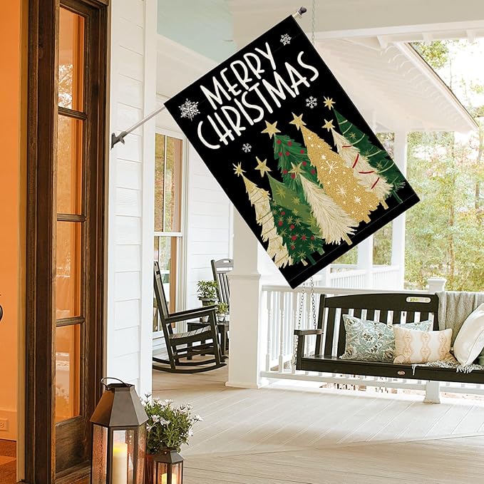 AVOIN colorlife Merry Christmas House Flag 28x40 Inch Double Sided Outside, Christmas Trees Winter Holiday Yard Outdoor Flag Black