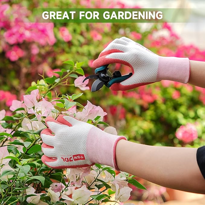 JDL Gardening Gloves for Women, 2 Pairs Breathable Latex Coated Yard Garden Gloves, Rubber Outdoor Protective Work Gloves with Grip, Pink, Small Size