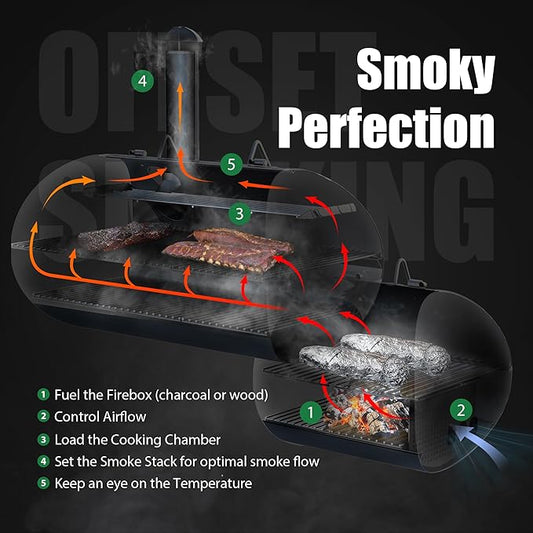 Brand-Man Charcoal Grill Offset Smoker, Heavy-Duty Barrel BBQ Grill Smoker Combo with Side Fire Box for Outdoor Patio and Backyard Cooking