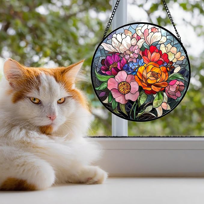 QZQCBLC Stained Glass Window Hanging Flowers and Wildflowers 9.8" - Suncatcher Door Garden Sun Catcher Home Decor Birthday Thanksgiving Christmas for Mom Woman Nana Friend