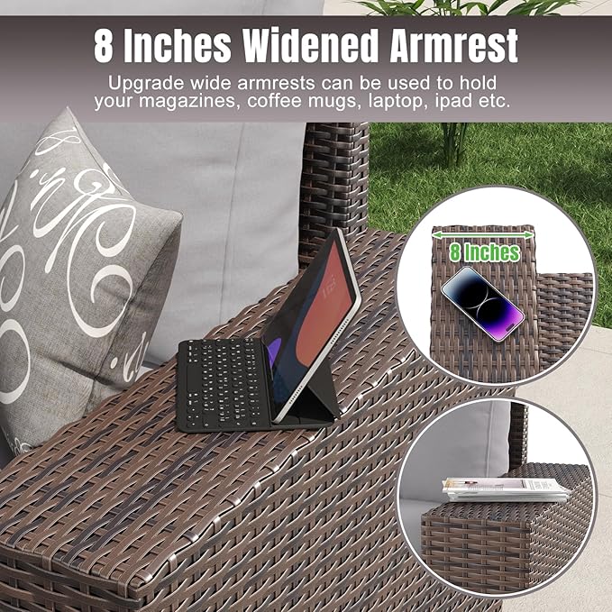 Aoxun 7 Pieces Patio Furniture Set with 44” Fire Pit Table Wicker Rattan Outdoor Sectional Conversation Set with Coffee Table and 4” Thickened Cushions, Gray(Waterproof Cover Included)