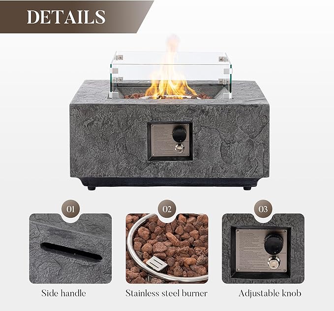 Cosiest Propane Fire Pit with Wind Guard&Tank Cover for Outside, 28 in Square Gas Fire Pits for Outdoor Patio, Certified, 50000 BTU Concrete Rectangle Base with Rain Cover, Free Lava Rocks