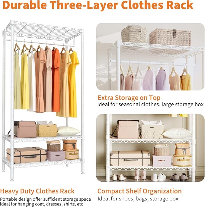 Heavy-Duty Clothing Rack with Adjustable Wire Shelving, Freestanding Closet Organizer for Hanging Clothes, 660 lbs Load Capacity Metal Wardrobe Storage, 17.72" D x 35.43" W x 68.9" H