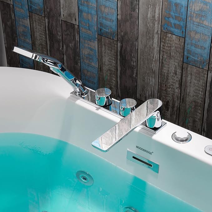 WOODBRIDGE 59" x 31-1/2" Whirlpool Water Jetted and Air Bubble Freestanding Heated Soaking Combination Bathtub with Faucet,BJ-100+F0041