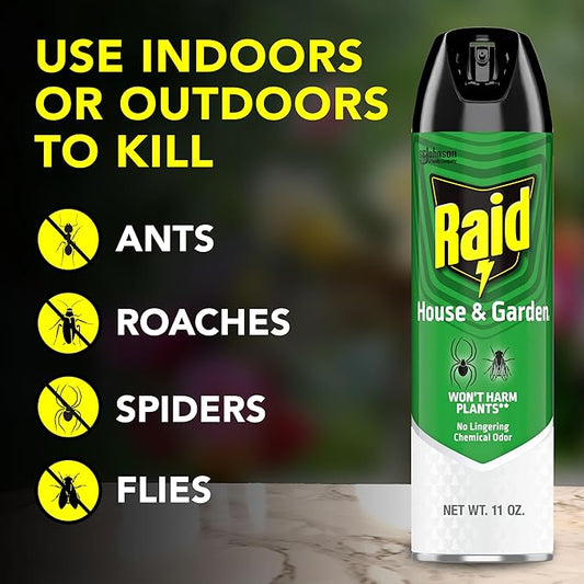 Raid House and Garden Insect Killer, Kills Ants, Roaches, Spiders and Flies on Contact, 11oz
