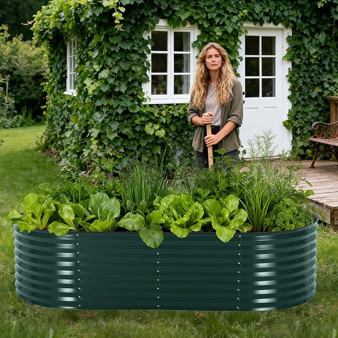 Oval Galvanized Raised Garden Bed Kit with Zippered PVC Cover, Easy Assembly, Thick Metal Outdoor Planter Box for Vegetables, Flowers, Patio Gardening, Dark Green