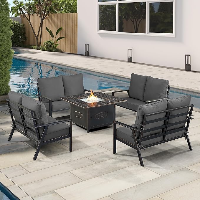 Oakland Living Black Aluminum Patio Fire Table Set with Four Deep Seating Loveseats with Cushions with Black Cushions