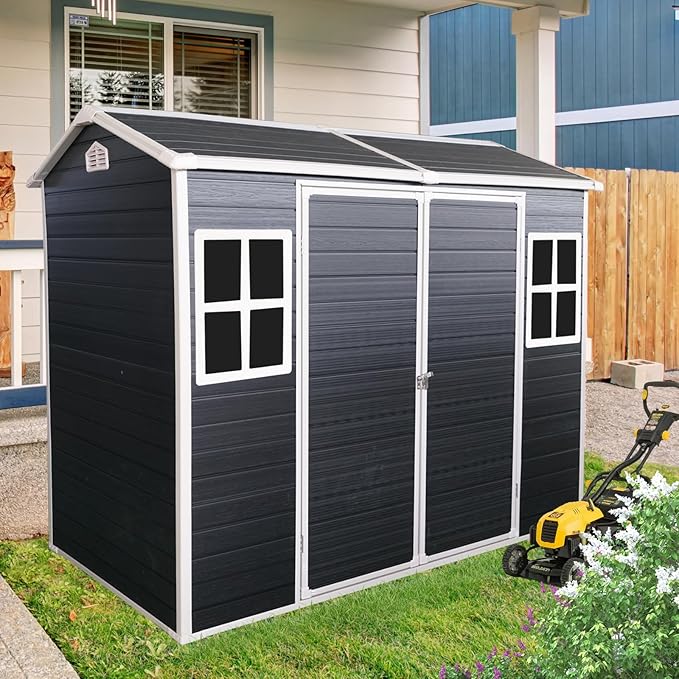 8x4 ft Outdoor Resin Storage Shed with Floor, Waterproof Plastic Garden Shed with Lockable Door and Two Windows, All-Weather Tool Sheds for Backyard, Patio, Lawn (Black)