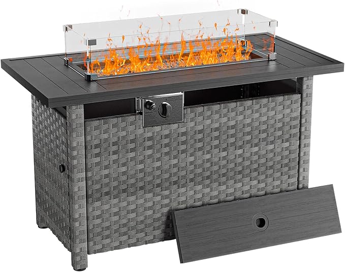 44" Fire Pit Table with Wind Guard for Outdoor, Auto-Ignition Propane Gas Firepits Rattan Rectangular Table for Outside Patio 60,000 BTU, Gray
