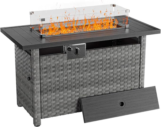 44" Fire Pit Table with Wind Guard for Outdoor, Auto-Ignition Propane Gas Firepits Rattan Rectangular Table for Outside Patio 60,000 BTU, Gray
