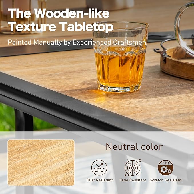 60" Patio Dining Table for 6,Teak Color Rectangle Patio Table with Umbrella Hole,E-Coating and Powder Coating Steel Frame Metal Outdoor Patio Table for Garden Backyard Lawn Yard