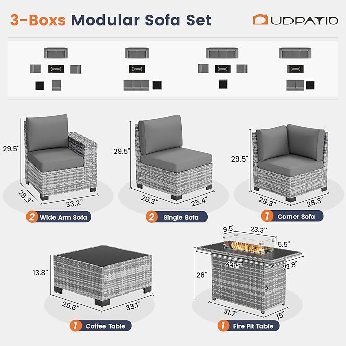 UDPATIO Patio Furniture Set with Fire Pit Table, 8 Inch Armrest Outdoor Sectional Sofa, 7 Piece Wicker Outdoor Furniture Conversation Sets with Waterproof Cover for Backyard Deck(Grey/Dark Grey)
