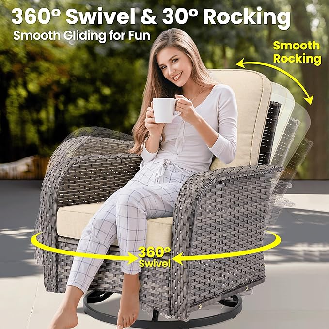 ovios 8 Pieces Patio Furniture Set, Outdoor Wicker Sofa Couch with Rocking Swivel Chairs Solar Lights Table, Modern Deep Seat Rattan Conversation Sets for Porch Deck, Beige