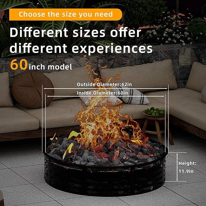 Smokeless Fire Pit Ring, 60 Inch Inner/62 Inch Outer, 11.9" Height, Heavy Duty Metal Fire Ring for DIY Fire Pits, Outdoor Above or In-Ground, Camping Garden Patio Backyard