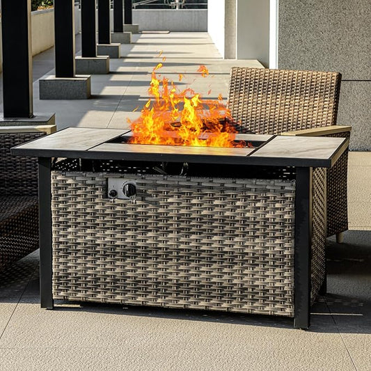 47" Propane Fire Pit Table with Real Ceramic Tabletop & Ratten Side Panel, 50000 BTU Gas Firepit Table with Lid & Lava Stones, Outdoor Fire Pit for Dining or Party, Firepit for Outside, Patio