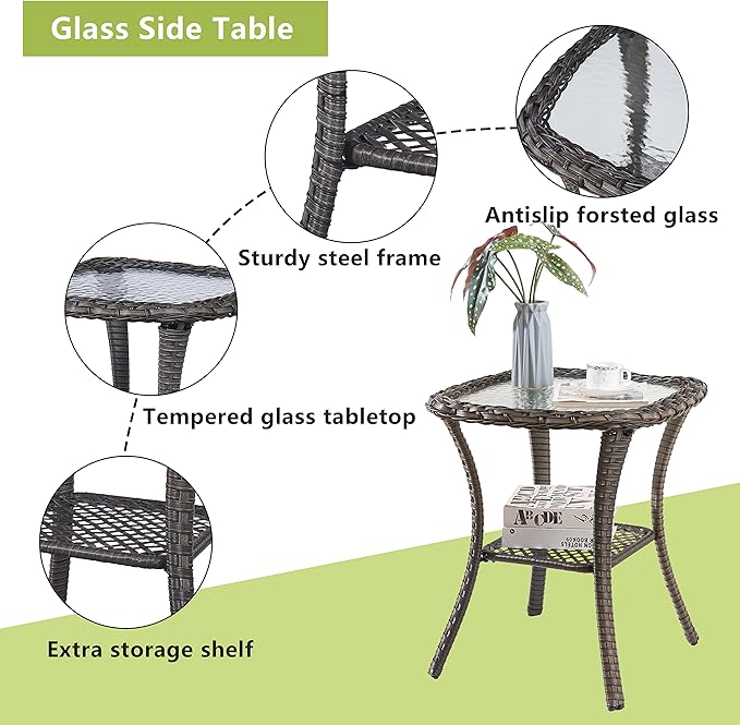 Rilyson Patio Tables Wicker Side Table - Rattan End Table with Glass Top for Outdoor Outside Patio Porch Deck Square Mixed-Grey