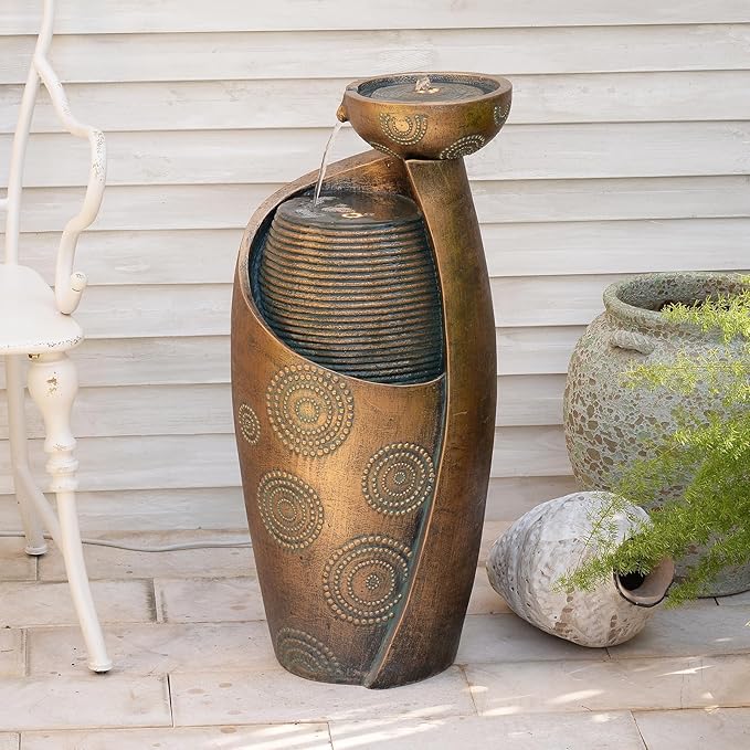 Tankana Outdoor Water Fountain Feature Indoor Garden Large Jar Floor Standing Fountains Waterfall with LED Light & Pump for Home Decor Office Yard Patio Deck Porch, Goldish-Bronze, 32 inches