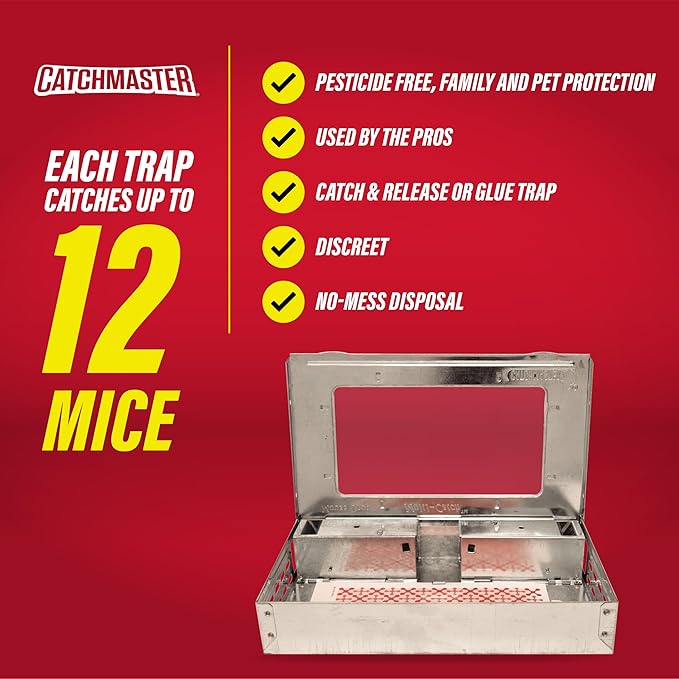 Catchmaster Pro Series Multi-Catch Mouse Trap 6-Pack, Humane Mouse Traps Indoor for Home, Includes Replaceable Glue Board, Live Catch Pest Control for Garage & Shed