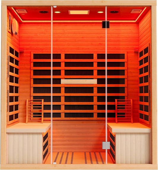 Albott Infrared Sauna 4 Person, Infrared Saunas for Home, Low EMF 2145W/110V Hemlock Wood Dry Sauna with Tourmaline Foot Warmer, 7-Color Light Therapy & Ambient Light Strips, 63.2"x47.2"x75.2"