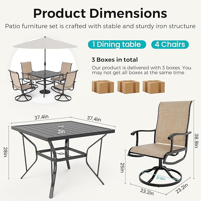 5-Piece Outdoor Dining Set, Patio Furniture Set with Textilene Swivel Chairs, Outdoor Table & 4 Chairs for Garden, Backyard, Poolside, Deck, Beige