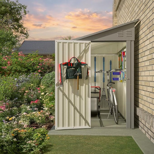 8x4 FT Outdoor Storage Shed, Metal Shed with Lockable Door, Sloping Roof, All-Weather Lean to Resin Shed for Garden, Backyard, Patio, Lawn (Gray)