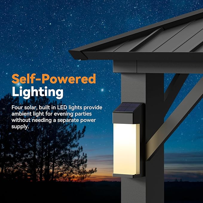 Modern Shade The Horizon Hardtop Gazebo 10' x 14' with 4 LED Lights, Permanent Outdoor Gazebo with Galvanized Steel Double Roof, Grill Pavilion with Decor Hooks, Mosquito Nettings, Black