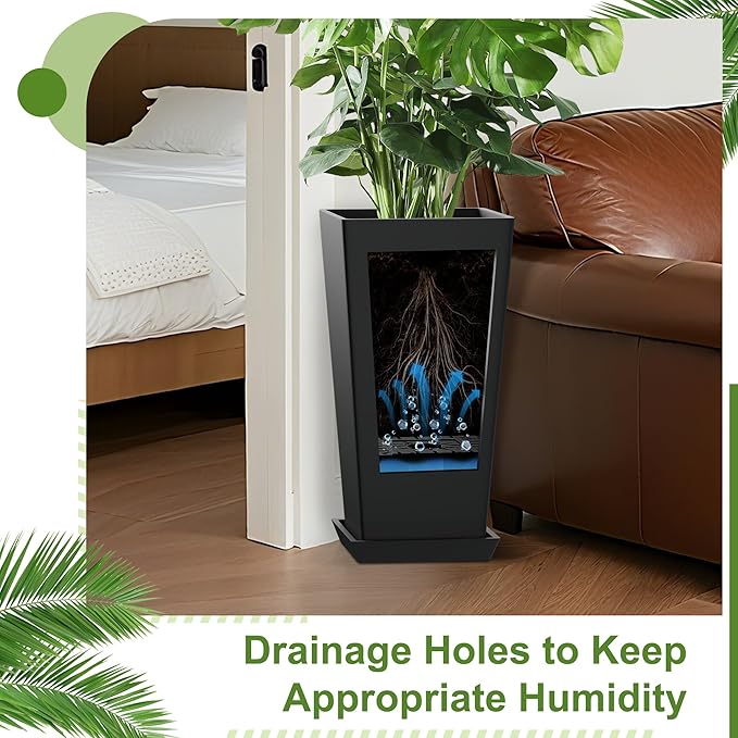 24" Tall Planters for Outdoor Plants, Set of 2 Large Outdoor Planters for Front Porch Decor with Drainage Hole, Front Porch Decor (Black)