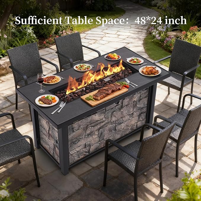 48'' Propane Fire Pit Table for Outdoor, Ceramic Tabletop & Polyresin Natural Stone Base, 50000 BTU Gas Fire Pit Table for Outside Patio and Garden, with Lava Rock