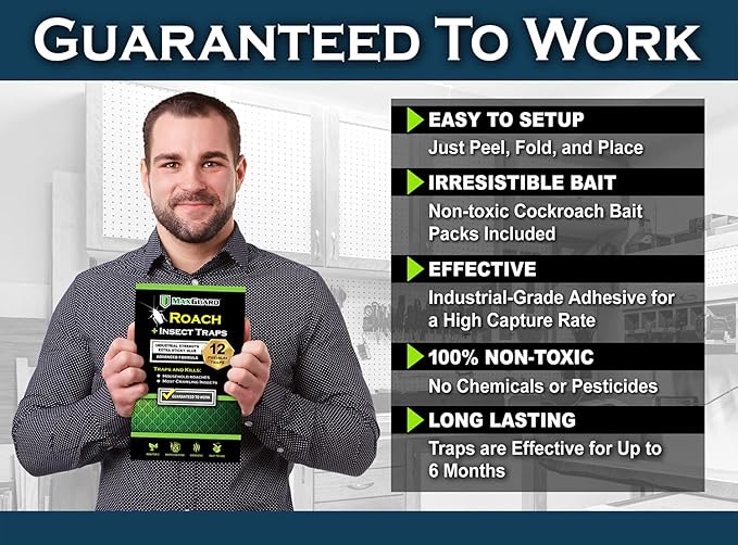 MaxGuard Roach + Spider Traps (12 Per Box) Non-Toxic Extra Sticky Box Traps | Kill German Cockroach, American and Oriental Plus Crawling Bugs & Insects House