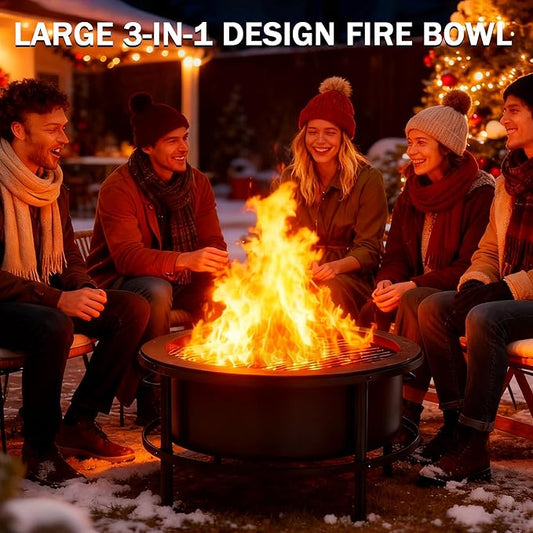 Fire Pits for Outside Wood Burning, 52" Large Outdoor Fire Pit Stove with Roating Table and BBQ Grill, Cold Finished Steel Round Firepit Bowl with Poker, Waterproof Cover, Grill Brush