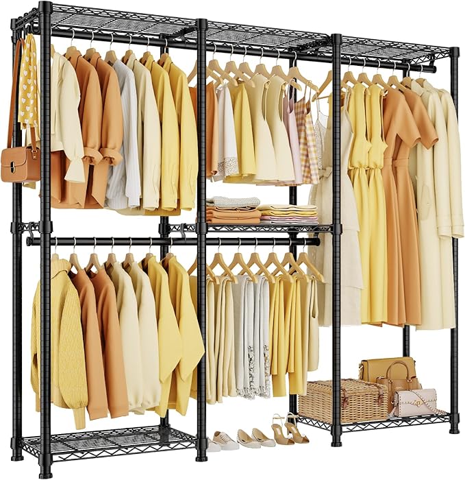 Portable Closet Heavy Duty Clothes Rack, Freestanding Clothing Racks for Hanging Clothes, Adjustable Garment Wardrobe Rack with 4 Hang Rods & Shelves ,73.6" L x 17.3" W x 76.4" H, Black