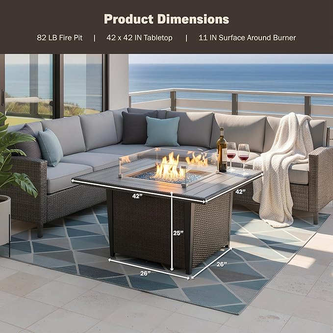 Kinger Home Ethan Rattan 42-Inch Propane Gas Fire Pit Table, Outdoor Patio Firepit, 50,000 BTU, CSA Certified, Includes Wind Guard & Fire Glass