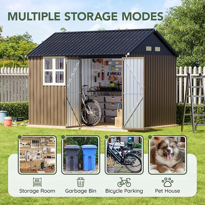 Update 8x10 FT Outdoor Metal Storage Shed, Single Door, 1 Clear Window, Tool Shed for Garden, Patio, Backyard Brown