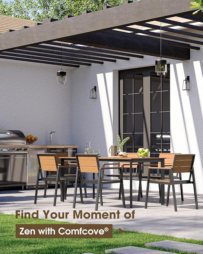 Outdoor Patio Dining Sets, Aluminum&HDPE 5 Piece Dining Table Set with Umbrella Hole, Modern Rectangular Patio Furniture Set with All-Weather Table and 4 Chairs (Gray & Teak)