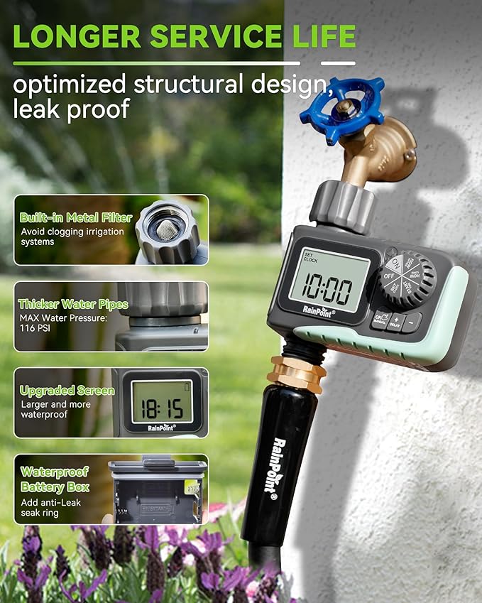 RAINPOINT Sprinkler Timer, Programmable Water Timer for Garden Hose, Outdoor Soaker Hose Timed with Rain Delay/Manual/Automatic Watering System, Digital Irrigation for Yard, Lawn, 1 Outlet