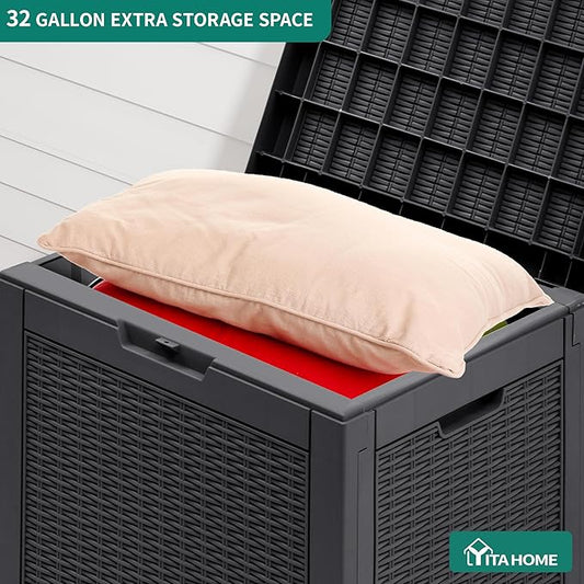 YITAHOME 32 Gallon Rattan Deck Box, Indoor Outdoor Storage Box for Patio Furniture, Pool Accessories, Cushions, Garden Tools, Sports Equipment, Waterproof Resin with Lockable Lid & Side Handles, Black