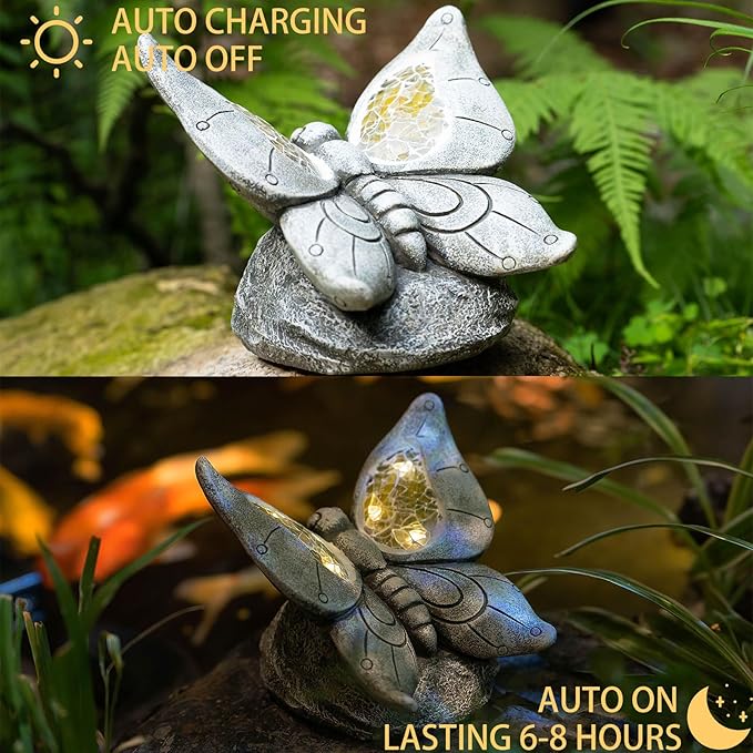 Rezpuao Garden Statue Butterfly,Solar Butterfly Decor for Outdoor,Resin Butterflies Figurine with Solar Light for Patio,Balcony,Yard,Lawn Ornament,Perfect Garden Gift