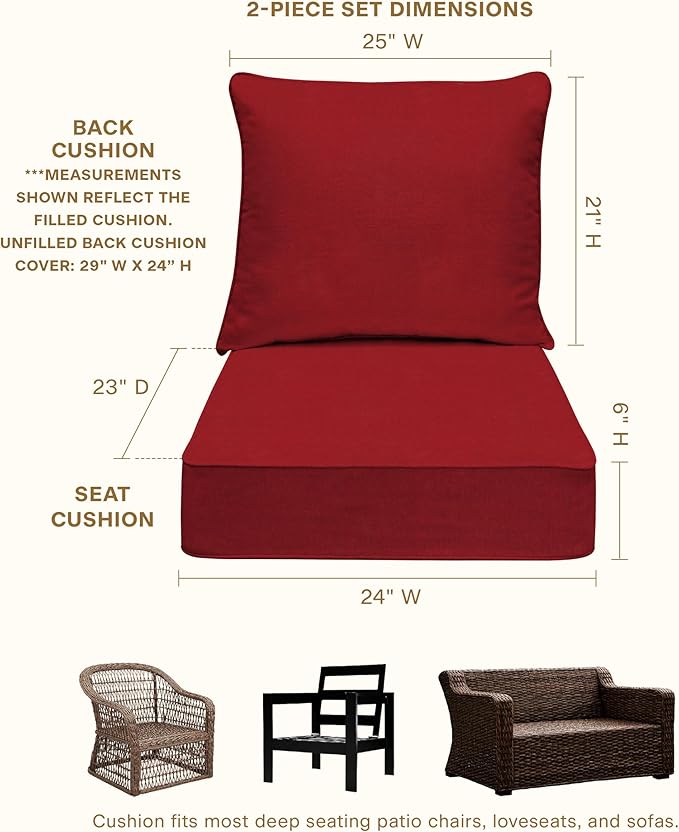 Honeycomb Outdoor Heritage Deep Seat, 24 x 23, Textured Solid Imperial Red Chair Cushion for Patio Furniture