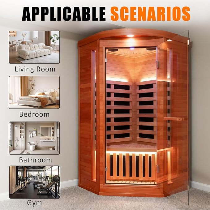 RIGO Pentagonal Single-Person Infrared Sauna Room – 1300W far-Infrared Heating, Made of Okoume Wood, Home Sauna, Equipped with Colorful LED Lighting and Bluetooth Speaker, 37.4 * 37.4 * 71 inches
