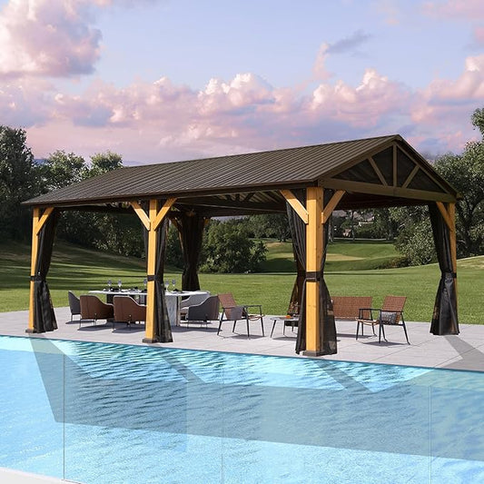 Domi Cedar Wood Gazebo 12’x20’ Hardtop Gazebo with Galvanized Steel Gable Roof, Outdoor Gazebos for Patio, Permanent Pergola for Deck, Backyard