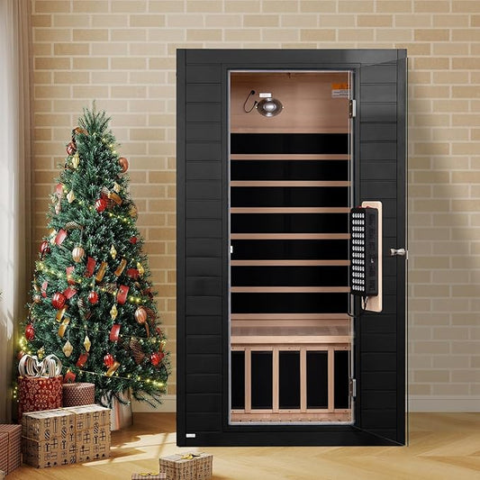 Infrared Sauna with Red Light Therapy, 1-2 Person Full Spectrum Sauna for Home, Indoor Canadian Hemlock Wood Dry Saunas Room with Bluetooth Speakers, 7 Color Therapy Lights, Rapid Heating