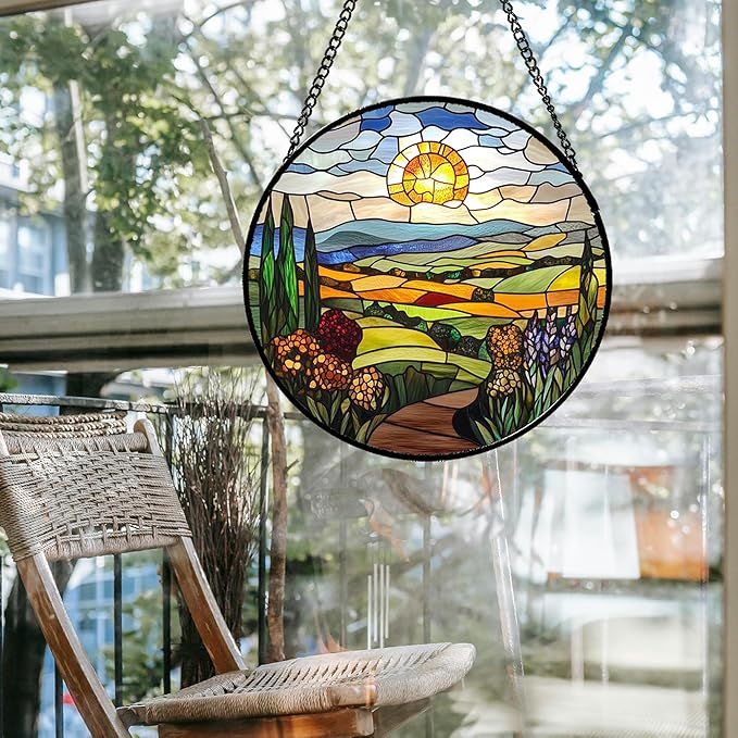 QZQCBLC Stained Glass Window Hanging Sunset Field Wildflower Landscape 9.8" - Suncatcher Door Garden Sun Catcher Home Decor Birthday Christmas for Mom Men Woman Nana Friend