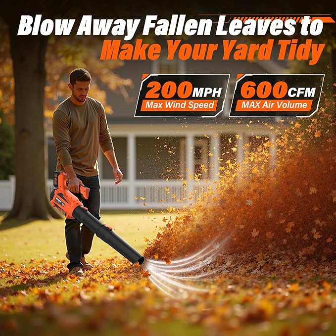 MAXLANDER Leaf Blower Cordless, Electric Cordless Leaf Blower with 2pcs 3.0Ah Batteries and 1 Charger, 600CFM & 200MPH, and 5 Speed Mode, for Patio Cleaning, Lawn Care, Blowing Fallen Leaves and Dust