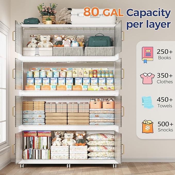 1280QT Extra Large Storage Bins with Lid and Wheels, 320Gal Stackable Closet Organizers and Storage Cabinet, Collapsible Storage Box Drawer with Doors for Home Kitchen Office Dorm, 4Pack White