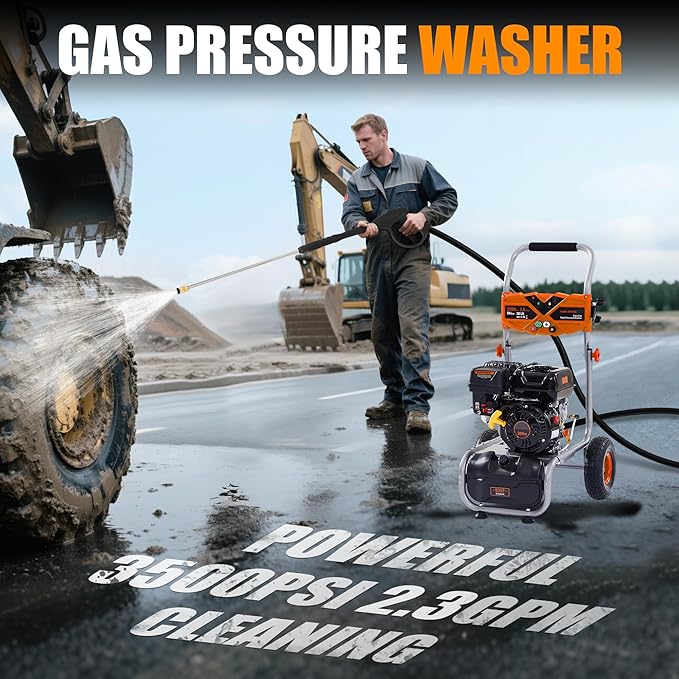 Ezasin Gas Pressure Washer 3500 PSI, 2.3 GPM Heavy Duty High Power Washer,209CC 7HP Engine with 25Ft Pressure Hose, Axial Aluminum Pump, Soap Tank, Spray Gun and Wand, 4 Quick Connect Nozzle (Orange)