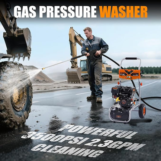 Ezasin Gas Pressure Washer 3500 PSI, 2.3 GPM Heavy Duty High Power Washer,209CC 7HP Engine with 25Ft Pressure Hose, Axial Aluminum Pump, Soap Tank, Spray Gun and Wand, 4 Quick Connect Nozzle (Orange)