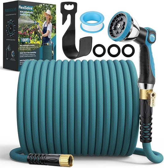 Garden Hose 100 ft Non-Expandable - Ultra Lightweight Super Flexible & Kink-Free Water Hose with Shut-Off Valve, 10-Pattern Nozzle & Holder, Leakproof Heavy Duty Hose for Yard Outdoor, Blue