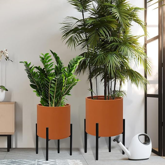 ARNIS Modern Plant Pots, Set of 2 Large Planters with Stand, Decorative Planters, Metal Pots with Drainage Holes for Living Room, Office, Garden or Balcony, 8.25 &10.5 Inch