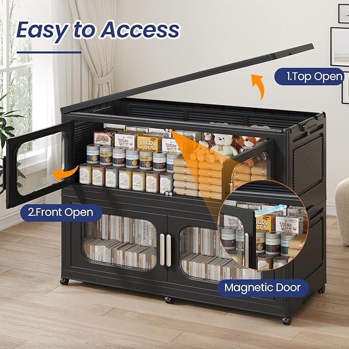 600QT Large Stackable Storage Bins with Lid, 150Gal Plastic Collapsible Closet Organizers Drawers Box with Wheels, Folding Cabinet Containers with Doors for Home Kitchen Office, 3Pack Black
